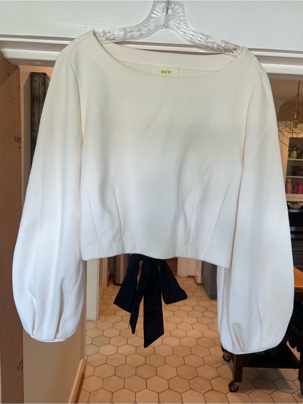 Maeve Cropped Boatneck Top in Ivory with Black Tie